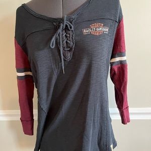 💓💖Distressed laced-up front Harley Davidson 3/4 sleeve top